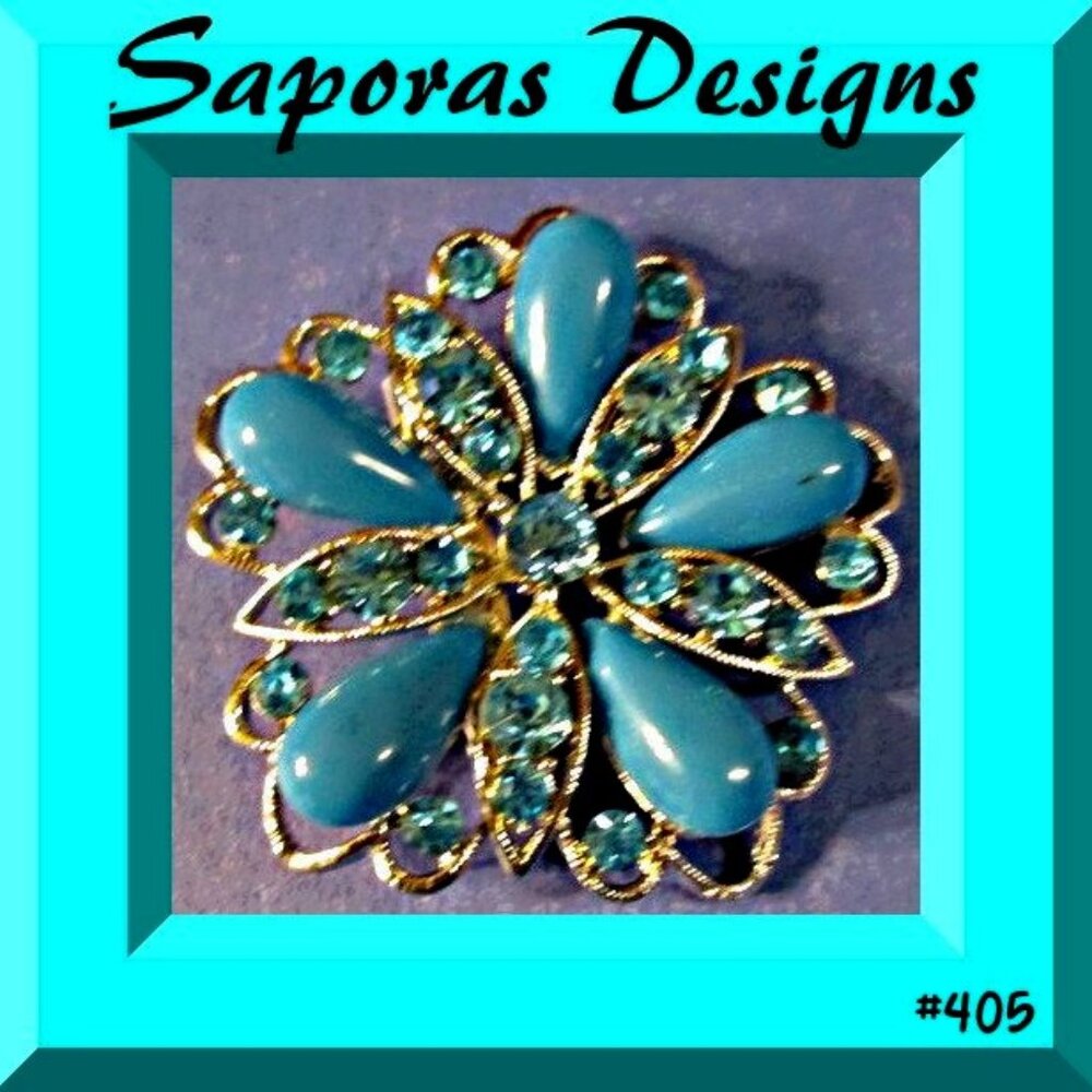 Silver Tone Flower Design Brooch With Blue Crystals & Blue Beads